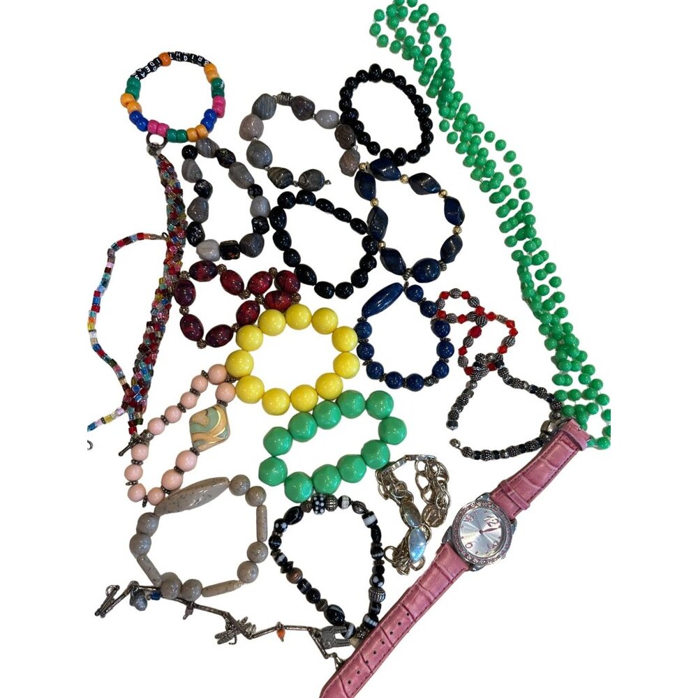 Vintage Colorful Necklace Beaded Bracelet & Watch Lot#7